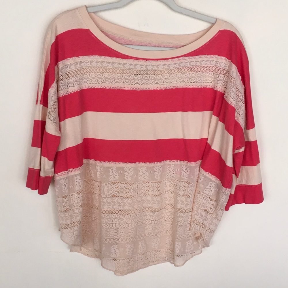 Women’s Striped Lace-Trim Dolman Top in Pink and Cream